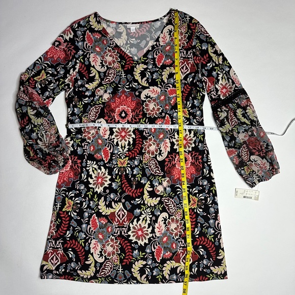 NWT Floral Hippie Strech Midi Longsleeved Dress -black red, lace puffer sleeve L - Picture 11 of 16